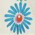 A stylized flower with blue elongated petals, a red and purple center, and a small white circular detail adds a vibrant touch.