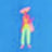 Blurry, colorful silhouette of a standing person against a solid blue background.
