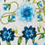 Patterned design featuring blue and teal flowers with green leaves and vines on a light background.