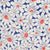 Pattern of white daisies with red centers on a vivid blue canvas.