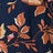 A close-up of a fabric with a dark background and an orange and beige floral pattern.