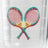 Two crossed tennis rackets with green handles and red strings, displayed on a transparent surface, create a vibrant composition.