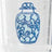 A clear glass vase with a blue decorative design featuring floral patterns.