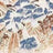 Patterned fabric featuring blue and white flowers with beige and brown leaves in a densely arranged botanical design.