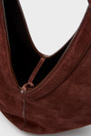 Brown suede hobo-style shoulder bag with a slouchy shape. The Chocolate Soft M Hobo offers an effortless, high-end look with versatile ties and classic Italian craftsmanship.