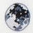 A round, grayscale object with irregular black and white patches, resembling a simplified depiction of the moons surface.
