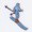 A skier in blue outerwear is captured midair, holding ski poles and with knees bent.