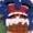 A close-up of a cartoonish face with large red eyes, white eyebrows, and what appears to be white teeth or a mustache, featuring bold blue and white hues.