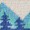 Pixelated image of blue pine trees in the foreground with blue mountains and a pale sky beyond.