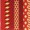 Close-up of a red textile fabric featuring cream and orange woven geometric patterns and vertical stripes, showcasing intricate artisan details.
