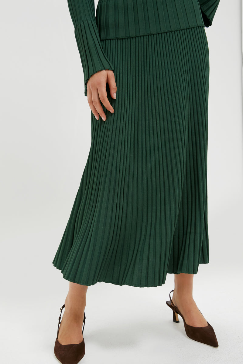Dark Green Pleated Midi Skirt
