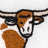 Embroidered patch of a brown and white longhorn steer head on a white background.