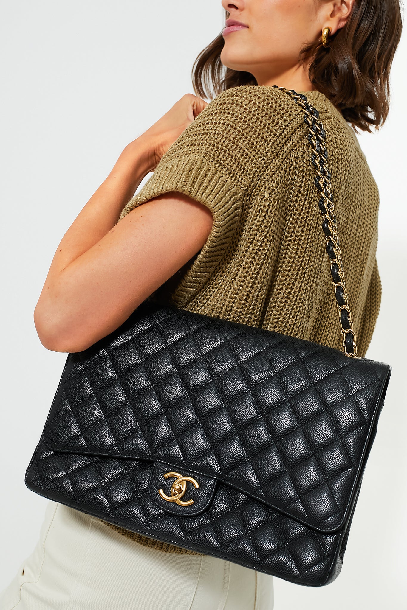 CHANEL Black Caviar Quilted Maxi Double Flap Shoulder Bag