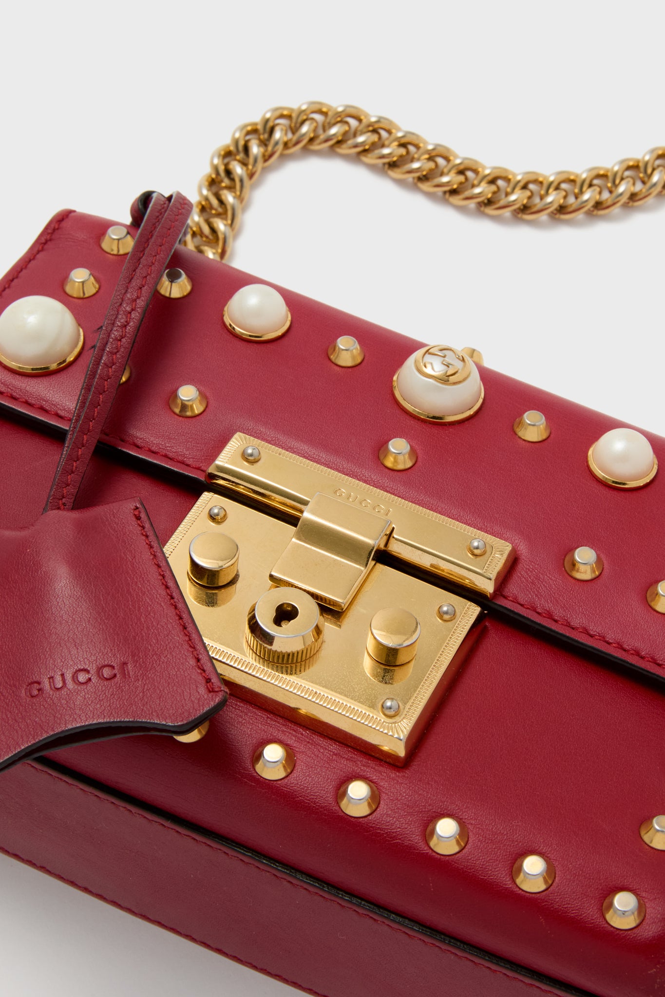 Gucci Red Pearl Studded Padlock Shoulder Bag