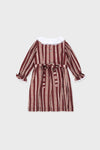 Classic Burgundy Floral Stripe Festa Girl Hand-Smocked Dress, featuring effortless fit-and-flare silhouette, Peter Pan collar, lace trims, and fun self-tie bow, ideal for high-end occasions.
