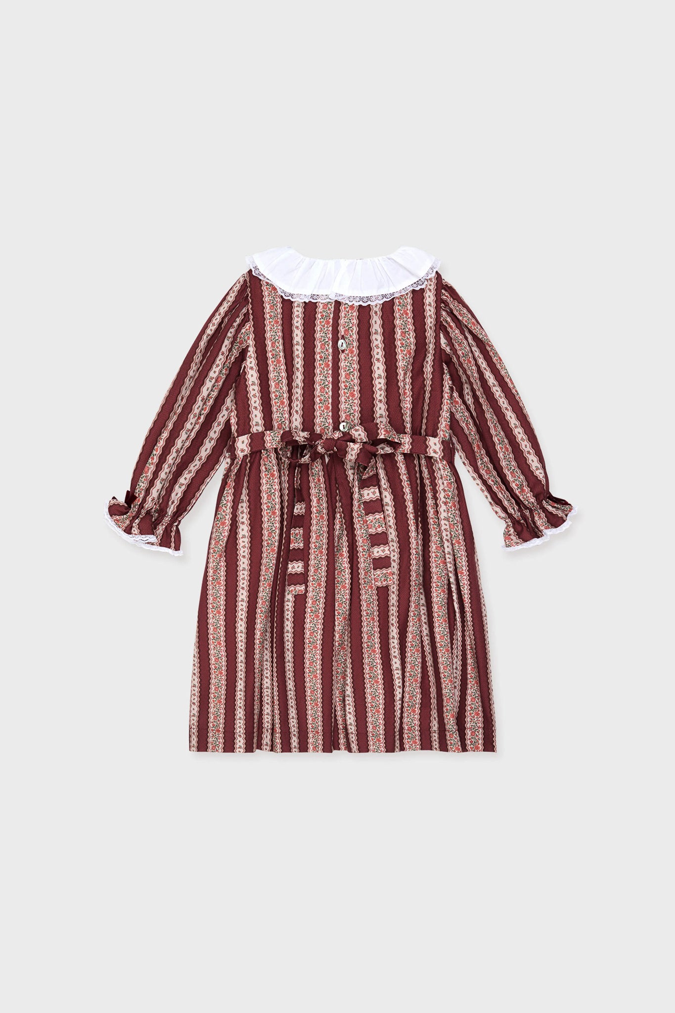 Classic Burgundy Floral Stripe Festa Girl Hand-Smocked Dress, featuring effortless fit-and-flare silhouette, Peter Pan collar, lace trims, and fun self-tie bow, ideal for high-end occasions.