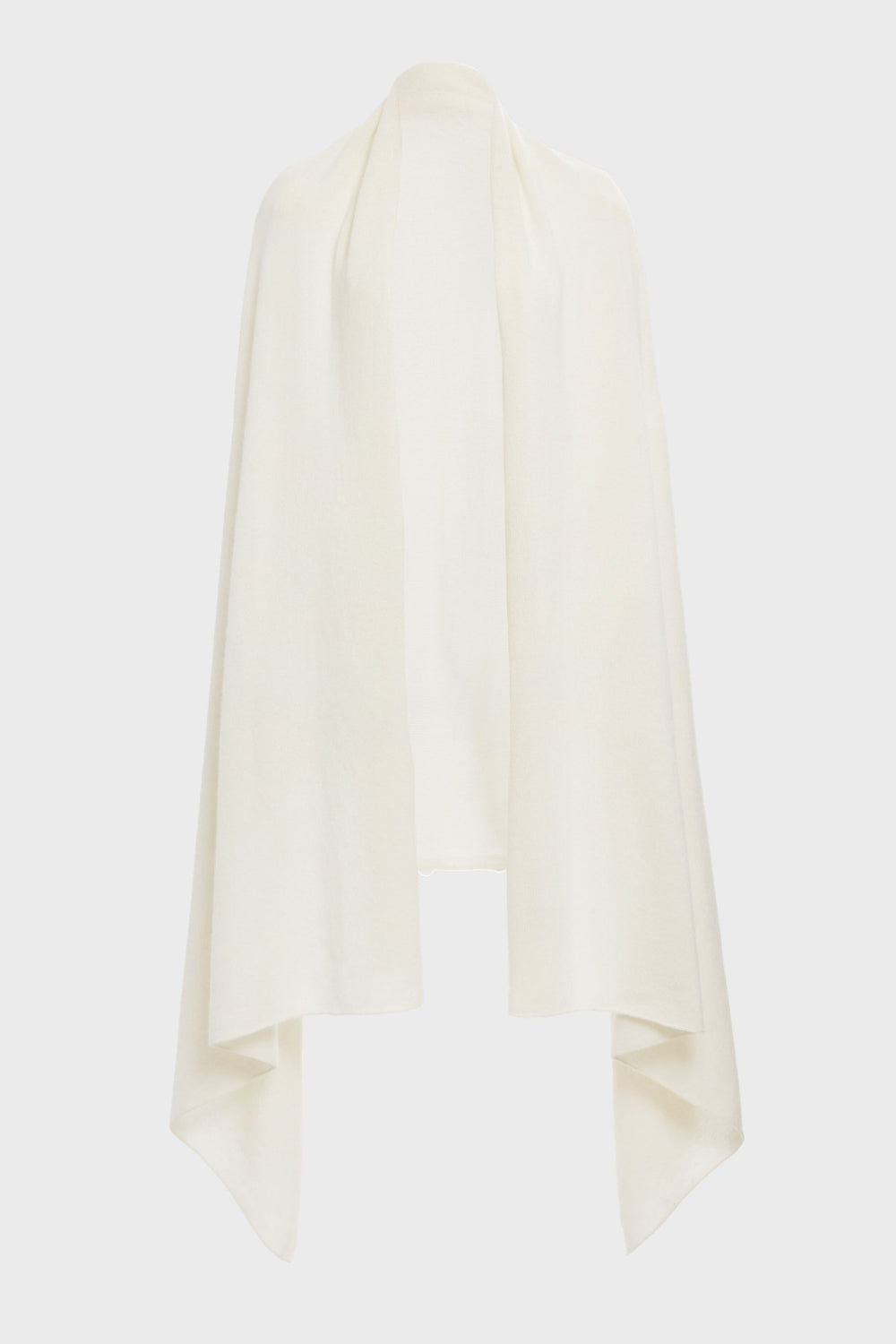 A Tuckernuck ivory cashmere blanket scarf, cream-colored with draped sides, is shown open-front against a white background.