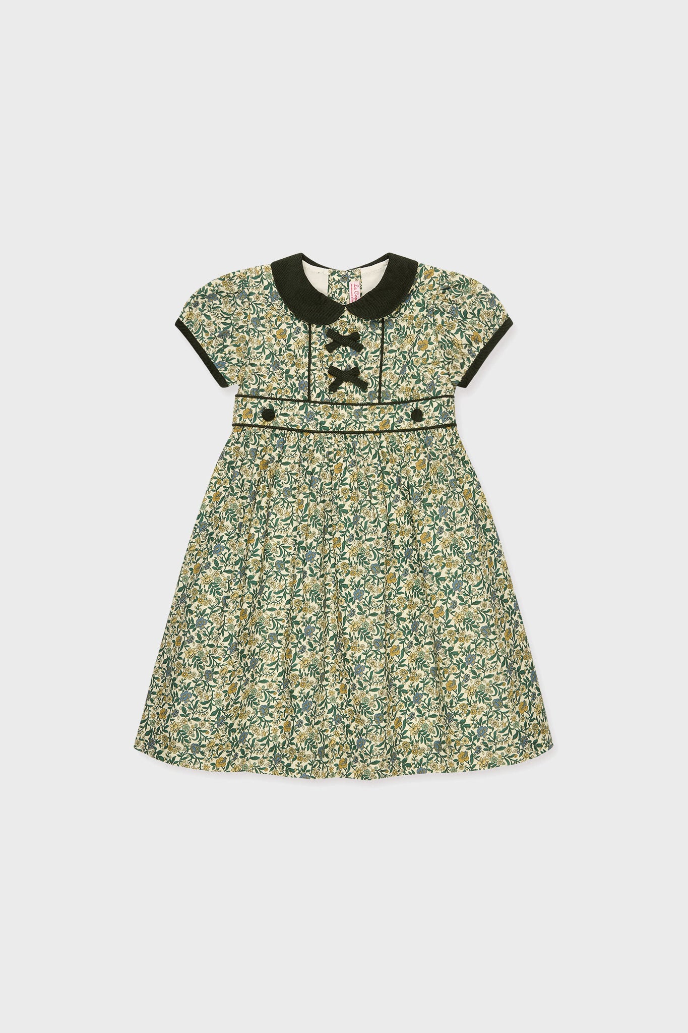 Bottle Green Floral Portia Girl Dress with Peter Pan collar, bows, and floral print offers a classic, effortless, and fun fit-and-flare silhouette. High-end design for versatile wear.