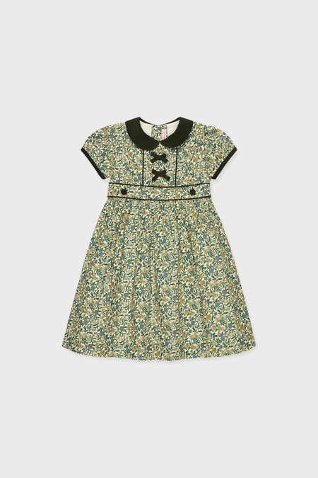 Bottle Green Floral Portia Girl Dress with Peter Pan collar, bows, and floral print offers a classic, effortless, and fun fit-and-flare silhouette. High-end design for versatile wear.