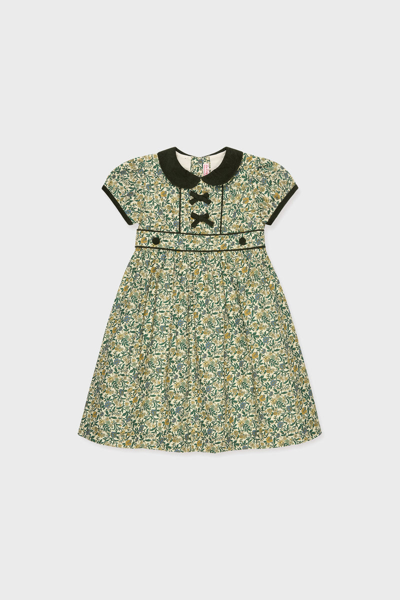 Bottle Green Floral Portia Girl Dress with Peter Pan collar, bows, and floral print offers a classic, effortless, and fun fit-and-flare silhouette. High-end design for versatile wear.