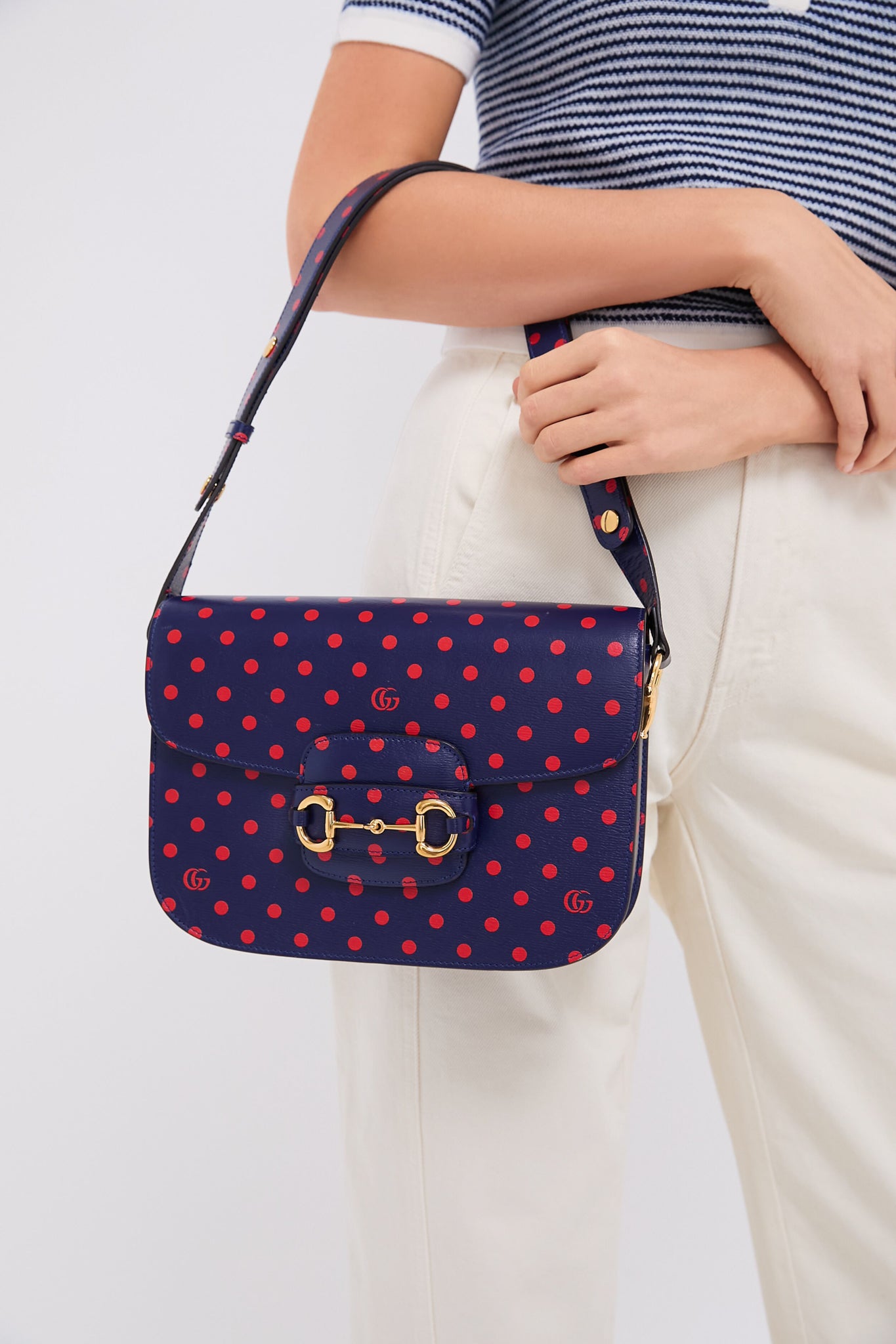Gucci Blue Horsebit Polka Dot And Blue Leather Shoulder Bag