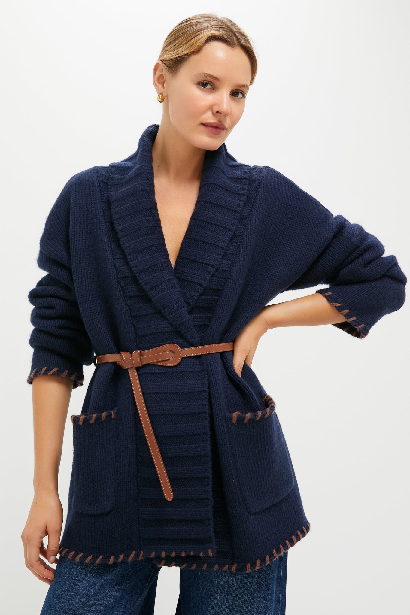 Navy and Brown Blanket Stitch Harrow Cardigan | Tuckernuck