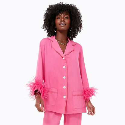 Plume AF Designs Feather Satin Pajamas in Hot Pink Hot Pink / L