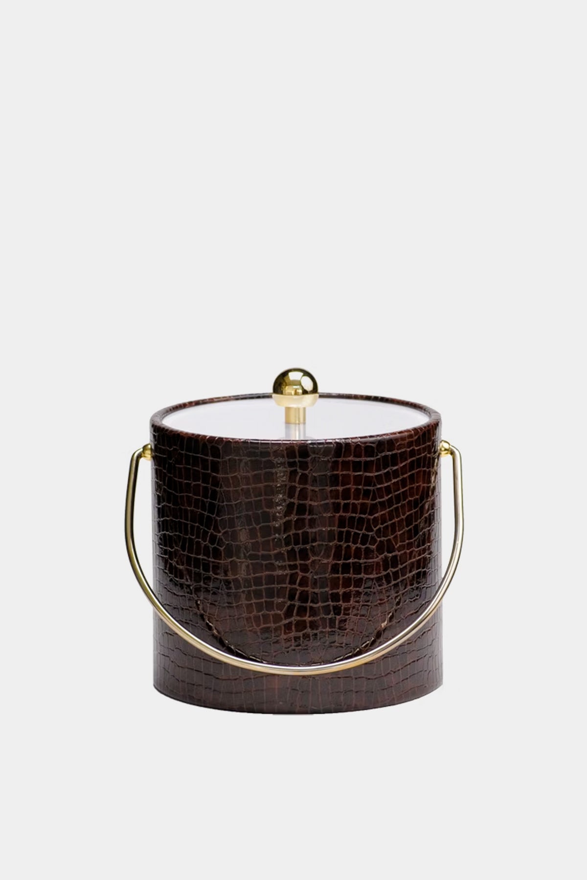 Truffle Croc Ice Bucket, a classic, high-end piece with crocodile-embossed leatherette, brass accents, and a white top, offering an effortless and fun statement for entertaining.