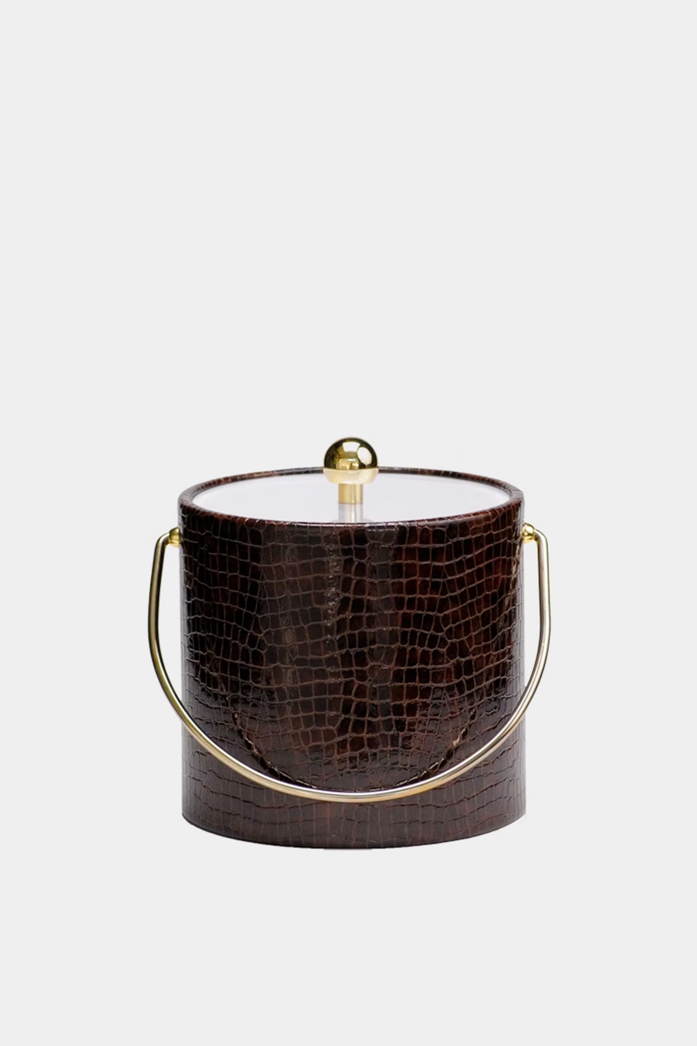 Truffle Croc Ice Bucket, a classic, high-end piece with crocodile-embossed leatherette, brass accents, and a white top, offering an effortless and fun statement for entertaining.