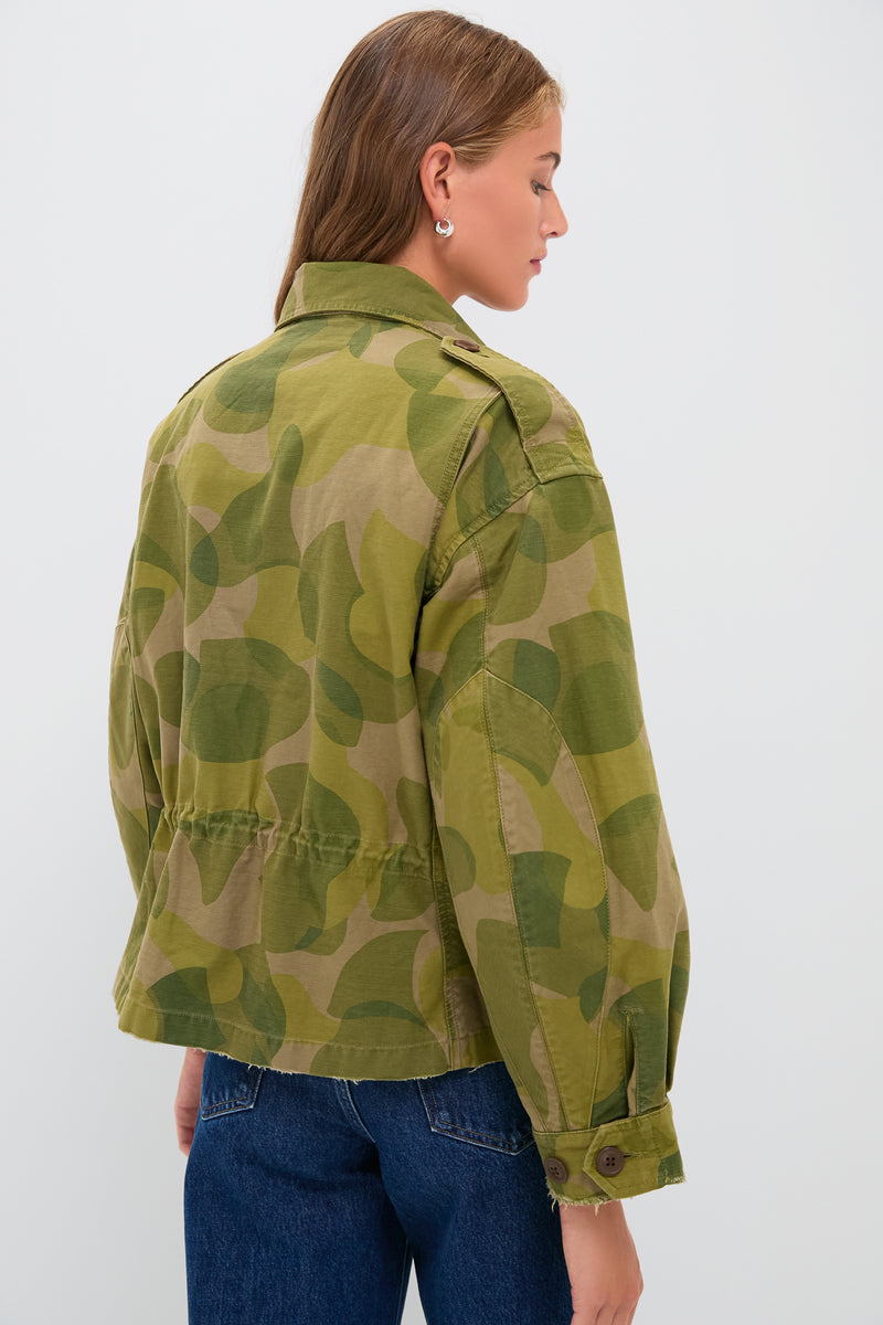 Camo Green and Brown Multi Cotton Satin Woven Field Jacket