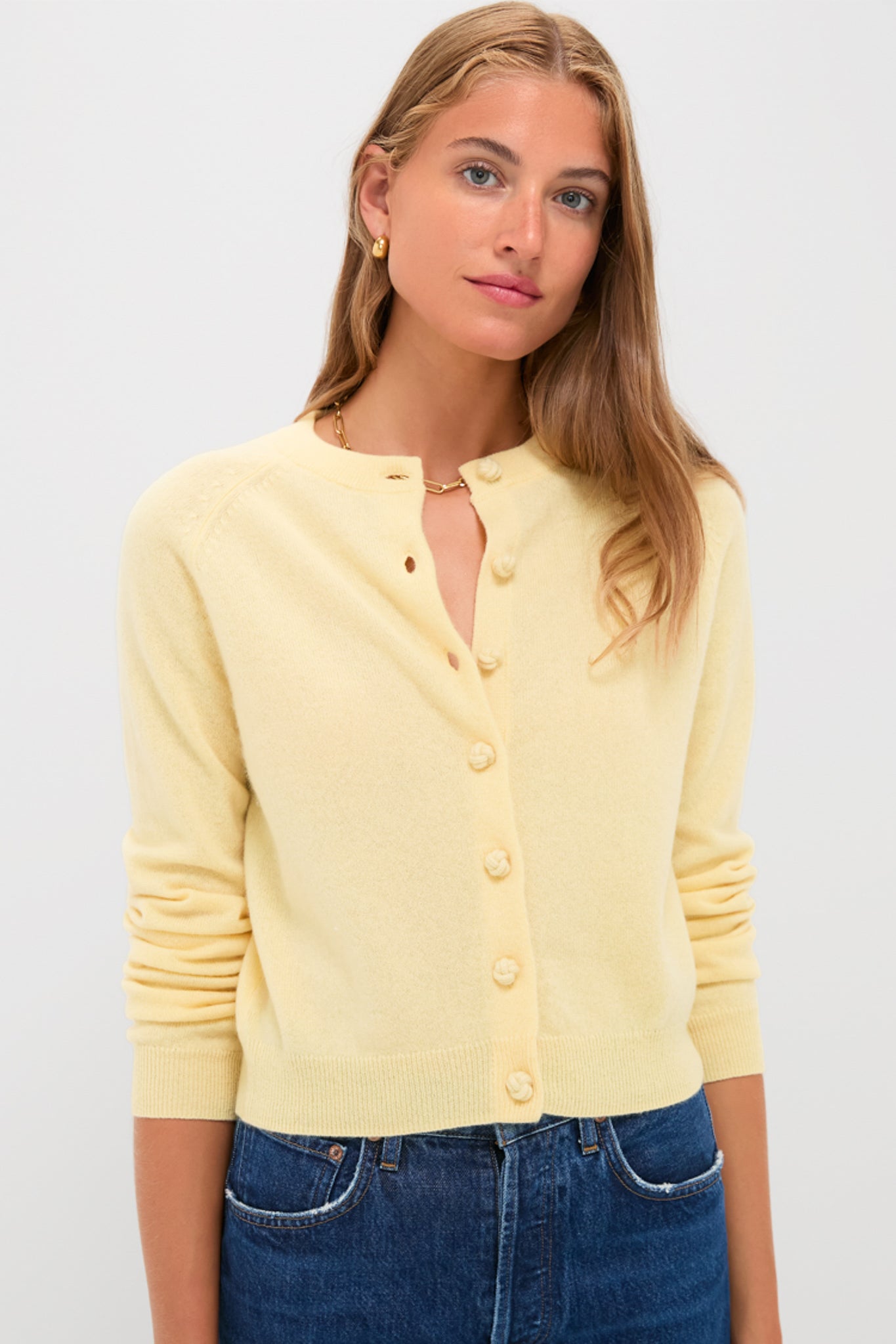 Lightweight Cashmere Butter Yellow Knot Button Cardigan