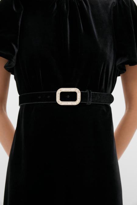 Black Velvet Waist Belt with crystal-encrusted buckle offers a classic, effortless touch to any outfit, blending fun and high-end style effortlessly.