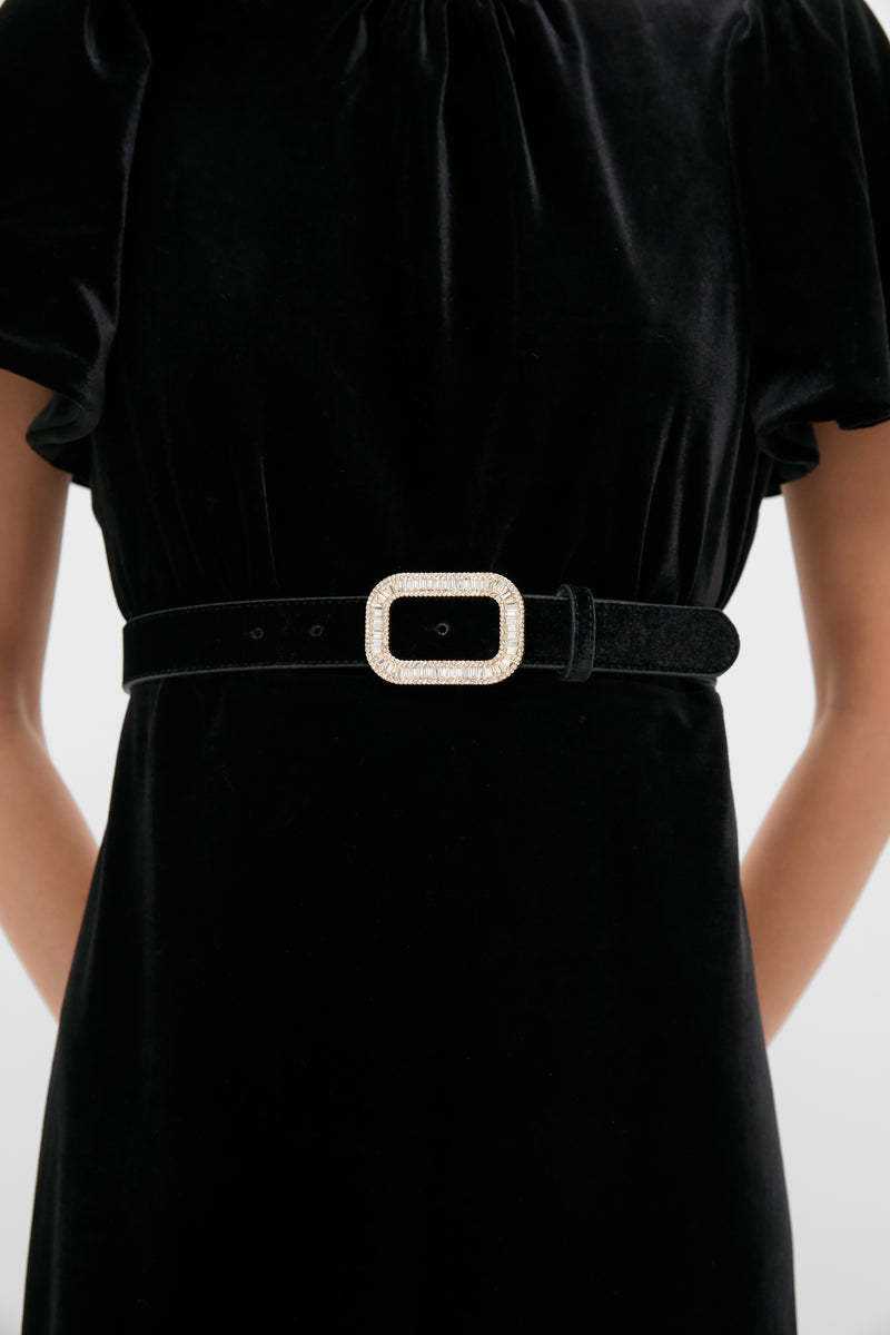 Black Velvet Waist Belt with crystal-encrusted buckle offers a classic, effortless touch to any outfit, blending fun and high-end style effortlessly.