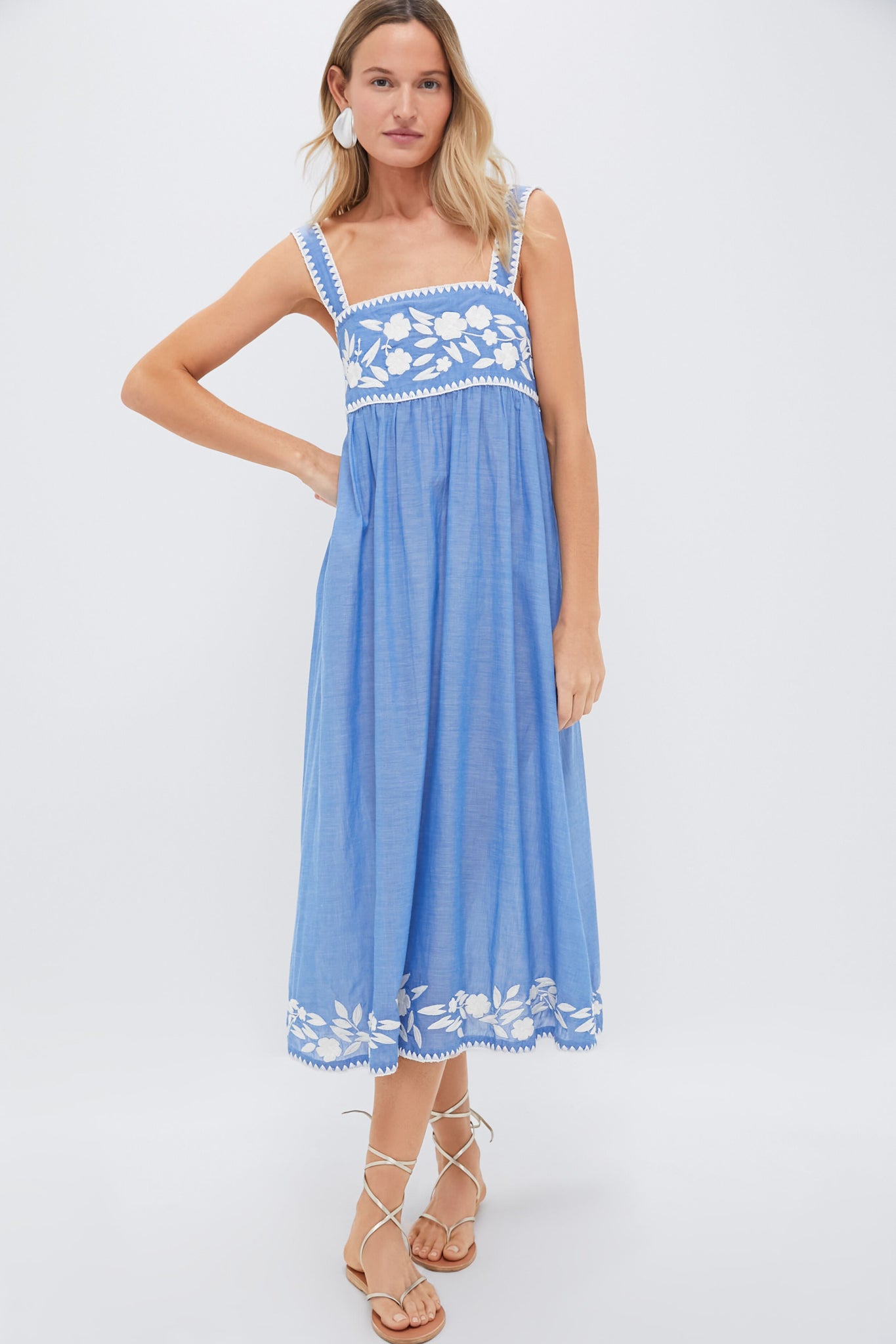 Denim and Cream Chambray Tie Back Dress with Embroidery | Juliet Dunn