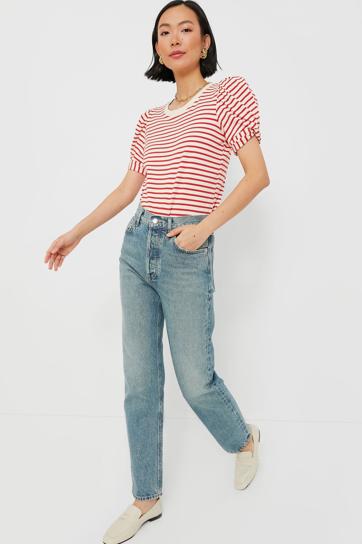 Red Striped Vesty Puff Short Sleeve Crewneck | Pomander Place