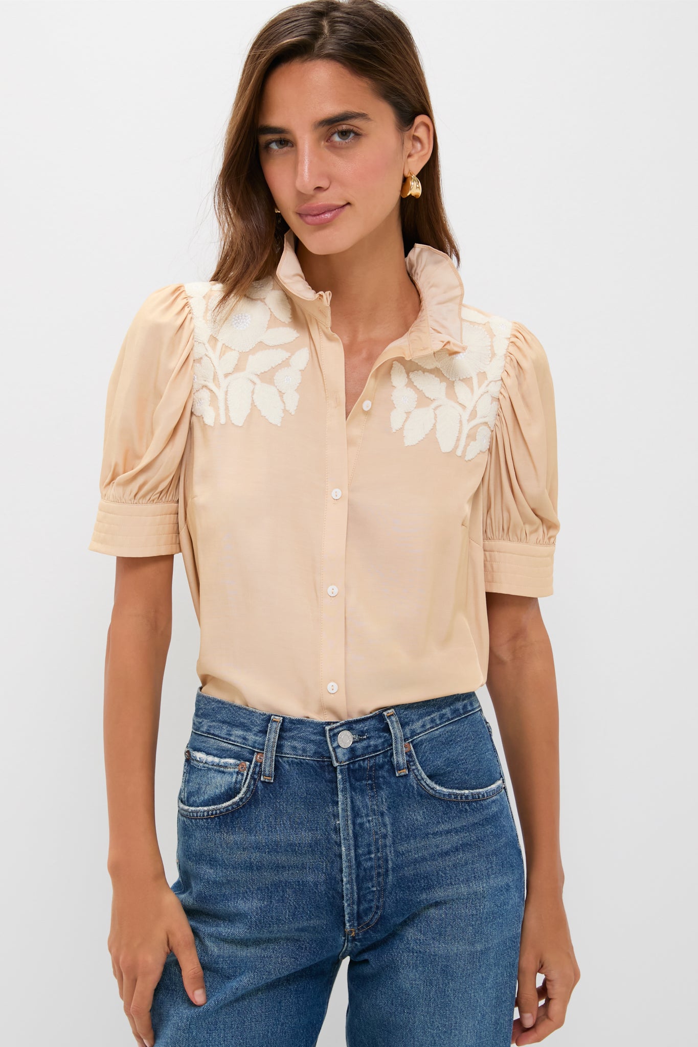Tan & Cream Embroidery Louisa Blouse | Hyacinth House