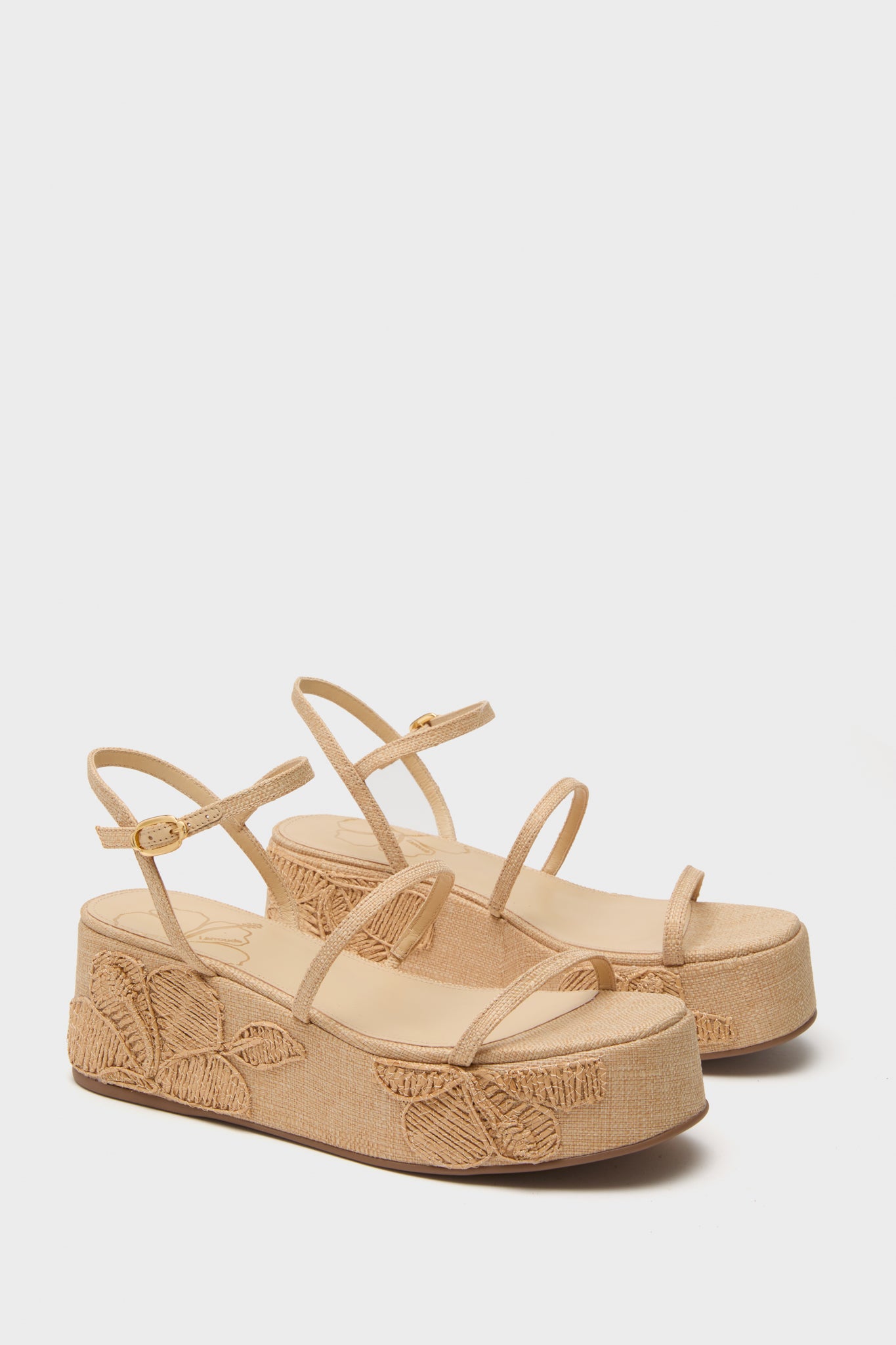 Beige Raffia with Hibiscus Embroidery Gio Platform Sandals