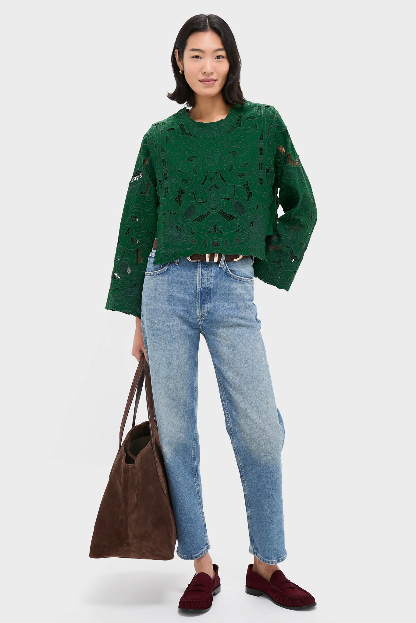 Green Ceci Embroidery Long Sleeve Top
