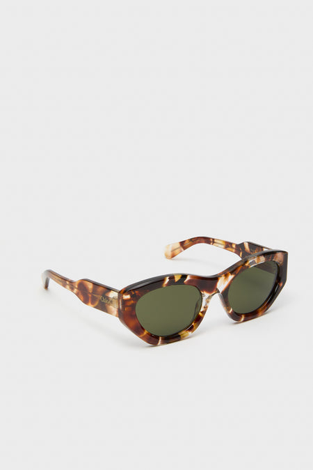 Rust Havana Gayia Sunglasses with chunky cat-eye tortoiseshell frames and dark green lenses, offering classic, effortless style and high-end UV protection.