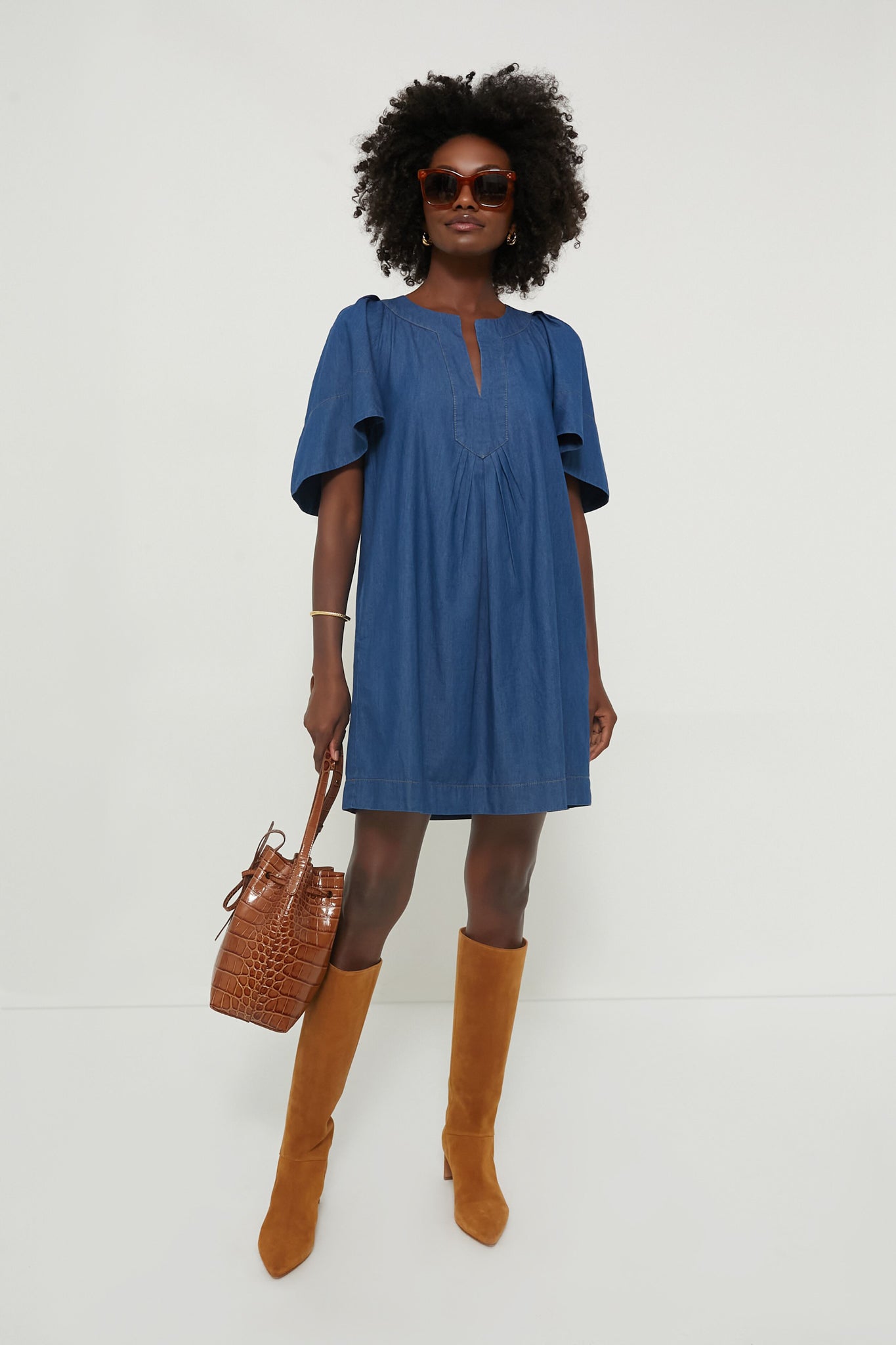 white christmas dresses Denim Finley Flutter Sleeve Dress