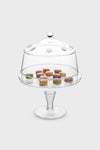 Isabella Cake Stand: A classic glass pedestal with a domed cover, showcasing an effortless, high-end display of colorful macarons featuring beaded detailing for a fun presentation.