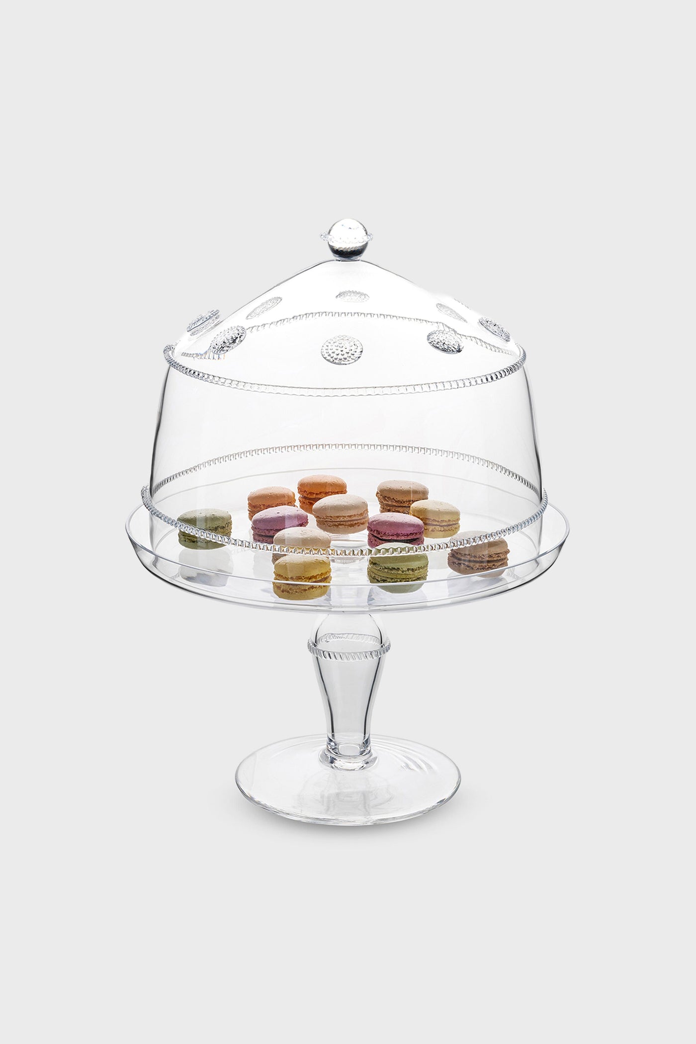 Isabella Cake Stand: A classic glass pedestal with a domed cover, showcasing an effortless, high-end display of colorful macarons featuring beaded detailing for a fun presentation.