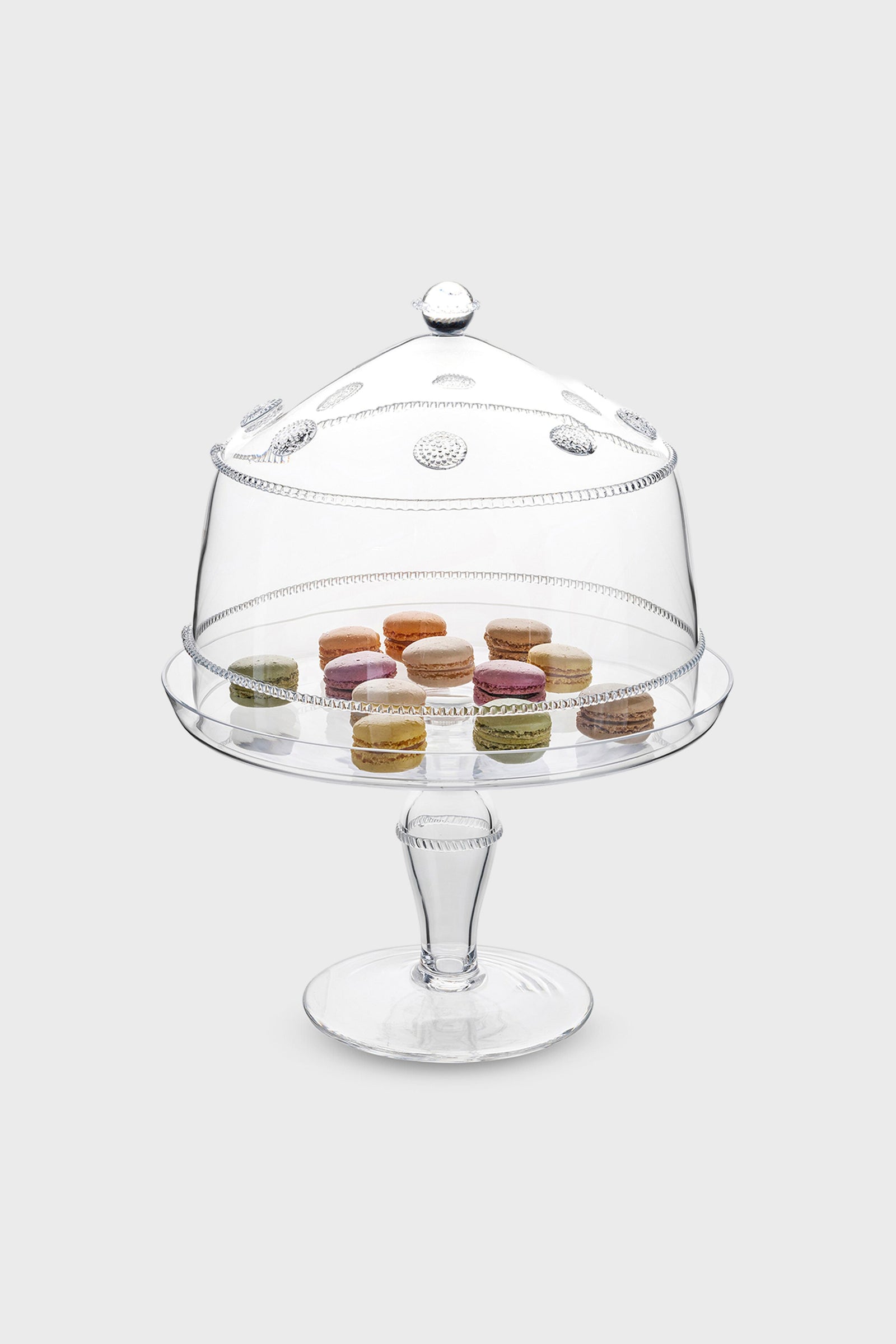 Isabella Cake Stand: A classic glass pedestal with a domed cover, showcasing an effortless, high-end display of colorful macarons featuring beaded detailing for a fun presentation.