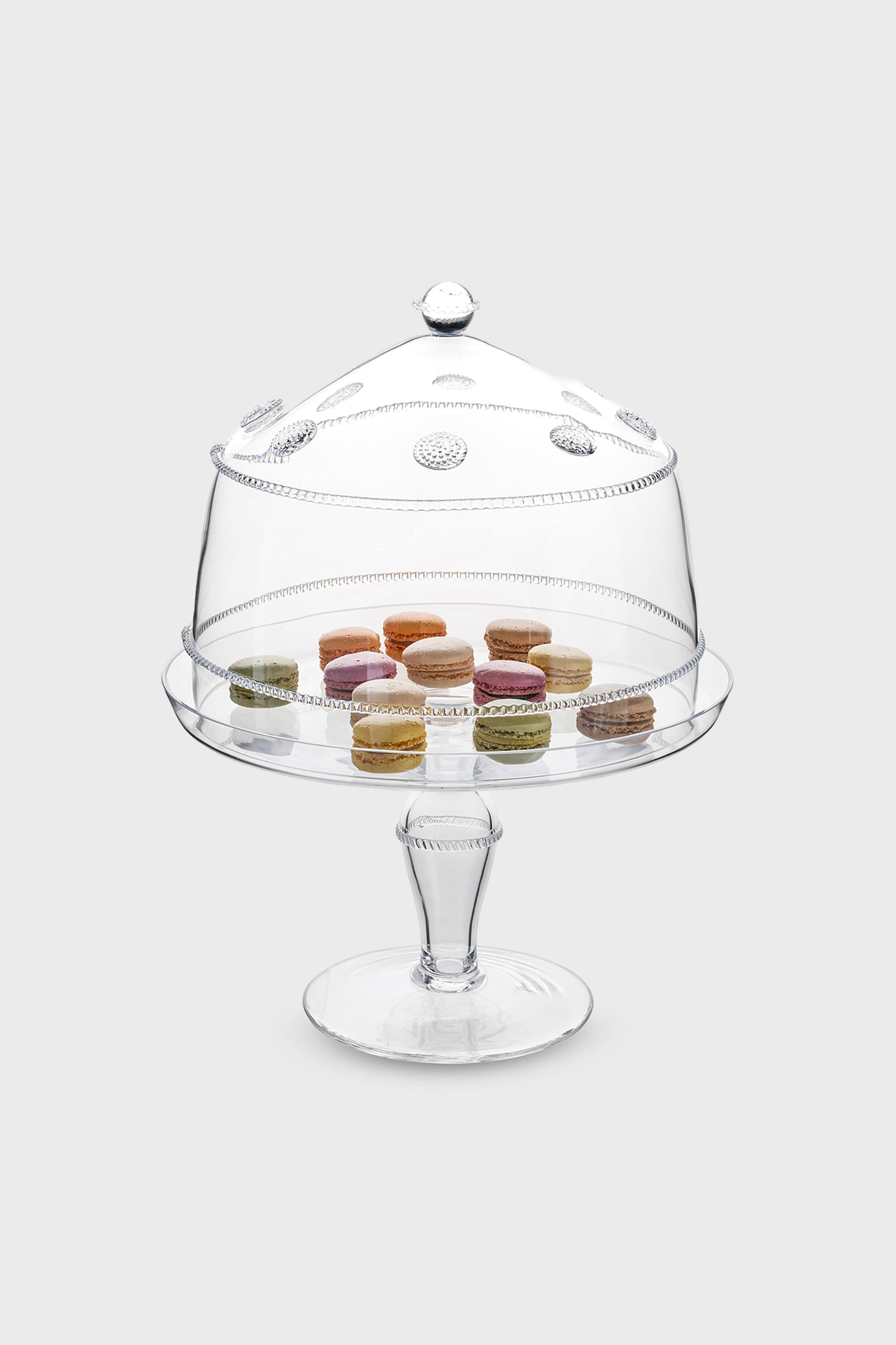 Isabella Cake Stand: A classic glass pedestal with a domed cover, showcasing an effortless, high-end display of colorful macarons featuring beaded detailing for a fun presentation.
