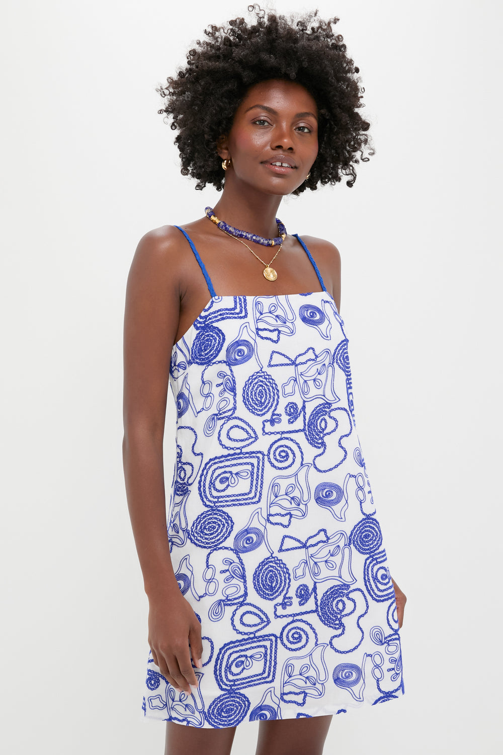 royal blue with white dress White & Royal Blue Applique Santorini Mini Dress