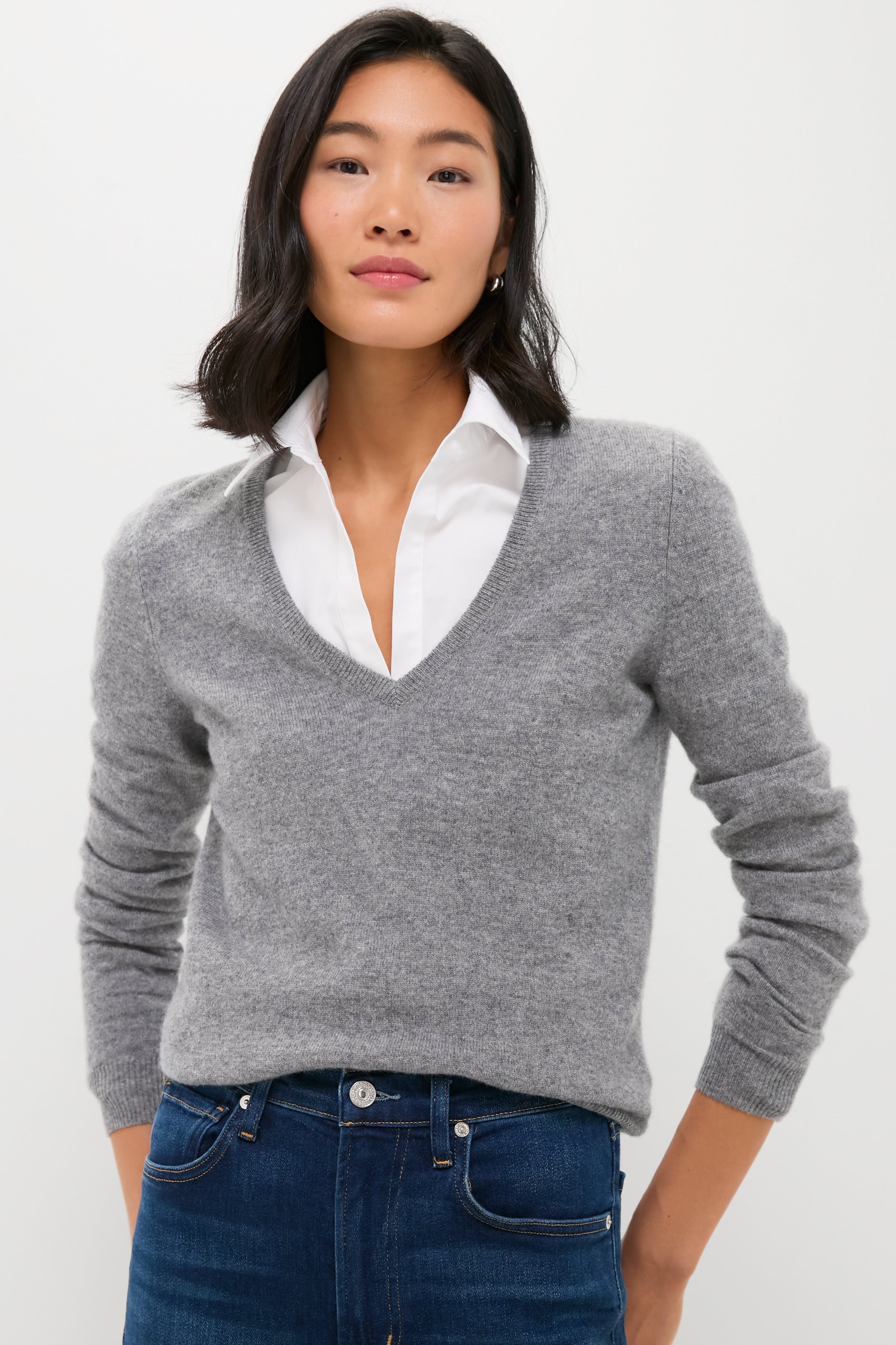 Gray Cashmere V-Neck Sweater