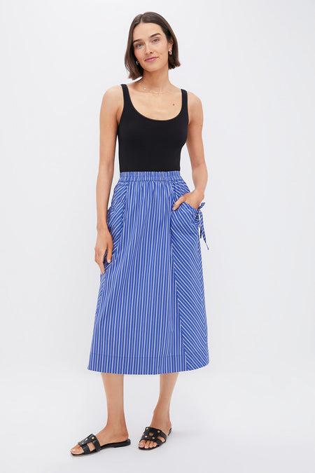 Dark Blue and White Kendall Play Stripe Midi A-Line Skirt