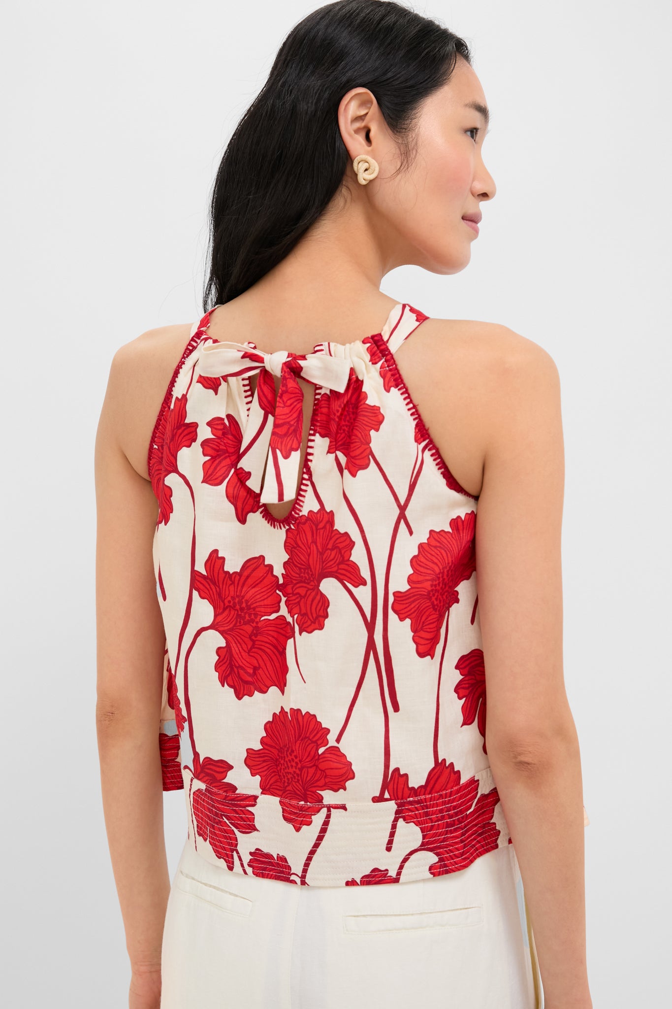 Cream and Red Noelle Floral Linen Halter Top