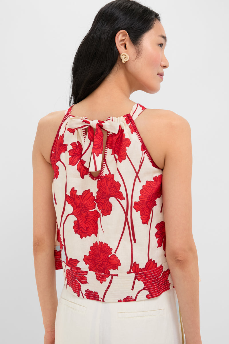 Cream and Red Noelle Floral Linen Halter Top