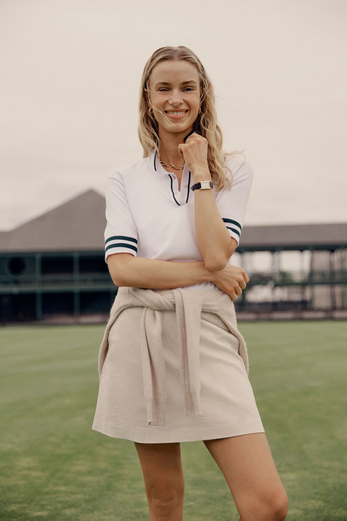 White and Green Short Sleeve Performance Knit Nora Sweater Polo